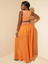 Lace Spliced Crop Top And Mesh Panel Skirt Set, Orange Beach Vacation Style